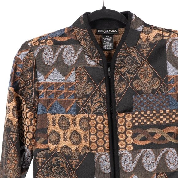 Molly & Maxx Tapestry Blazer Jacket Petite PS Womens Patchwork Brown Blue Zip - Picture 2 of 7